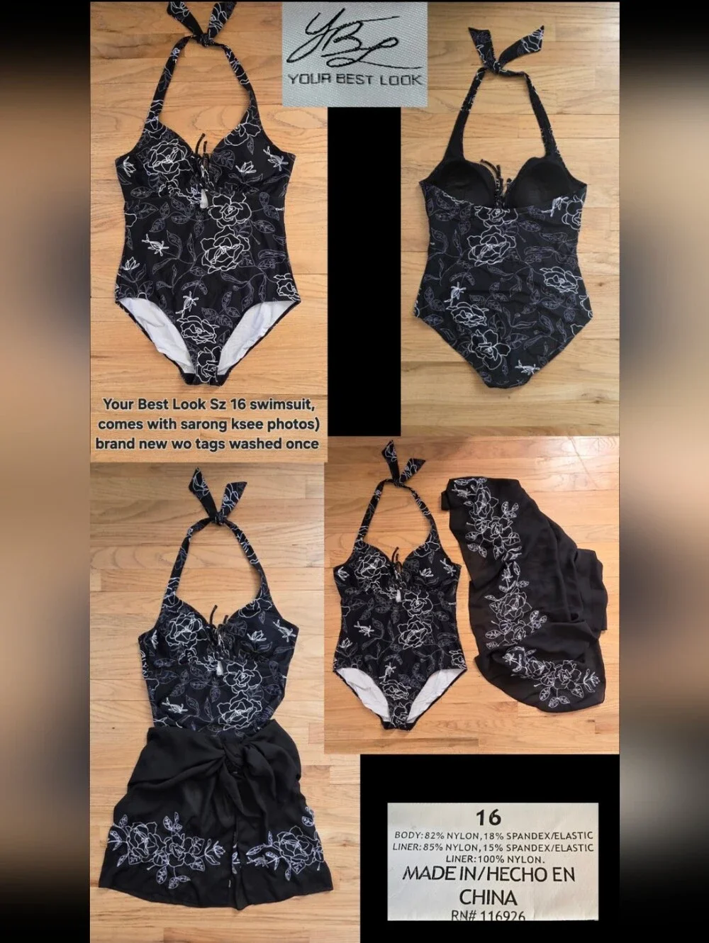 Black Floral One-Piece Swimsuit with Matching Sarong